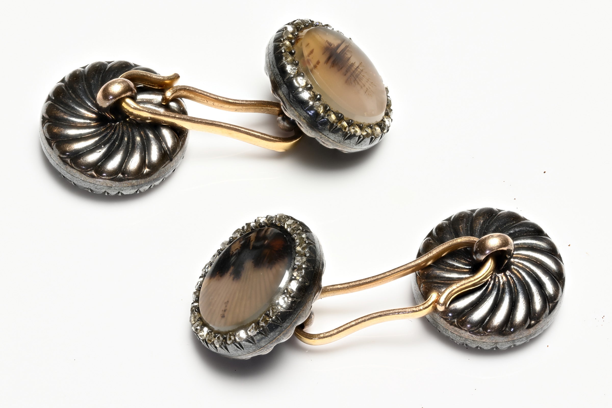 Antique French 18K Gold Silver Scenic Agate Diamond Cufflinks 