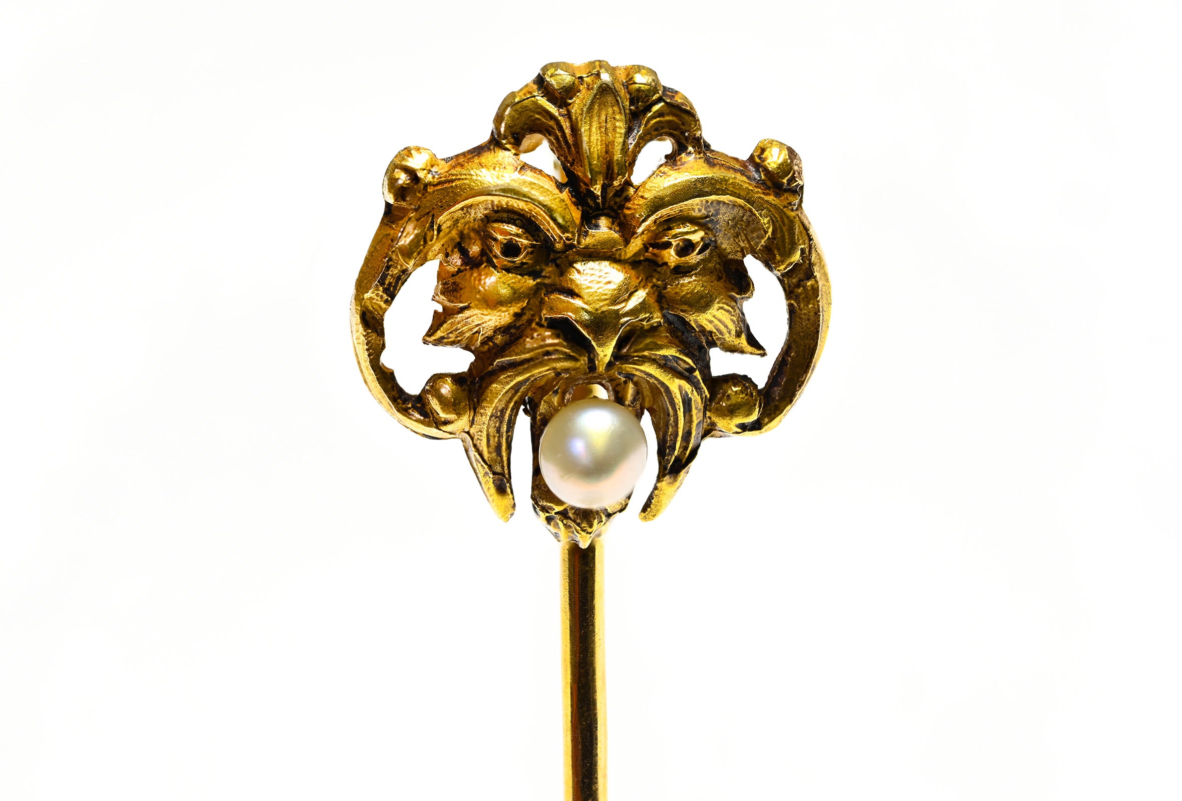 Art Nouveau 18K Gold Gargoyle Pearl stick Pin