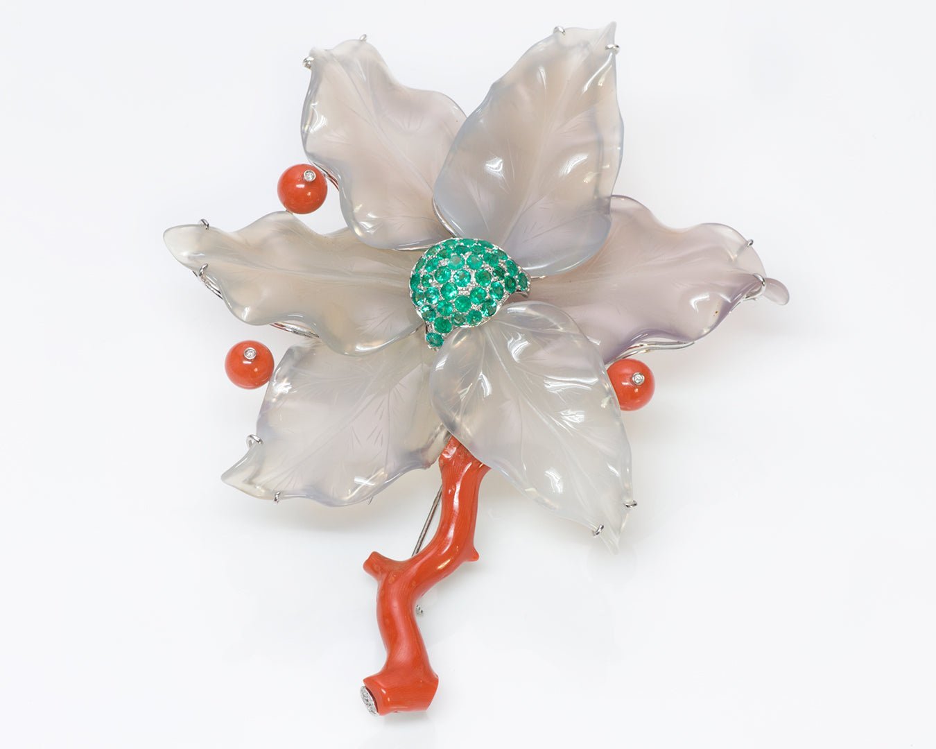 Gemelli 18K Gold Agate Emerald Coral Flower Brooch