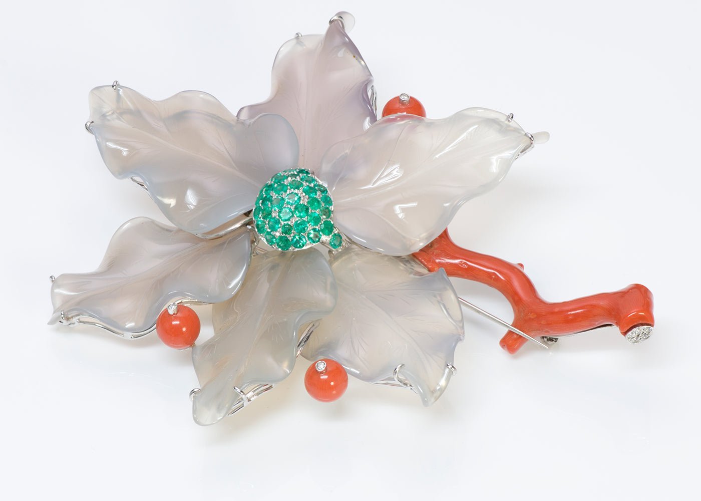 Gemelli 18K Gold Agate Emerald Coral Flower Brooch