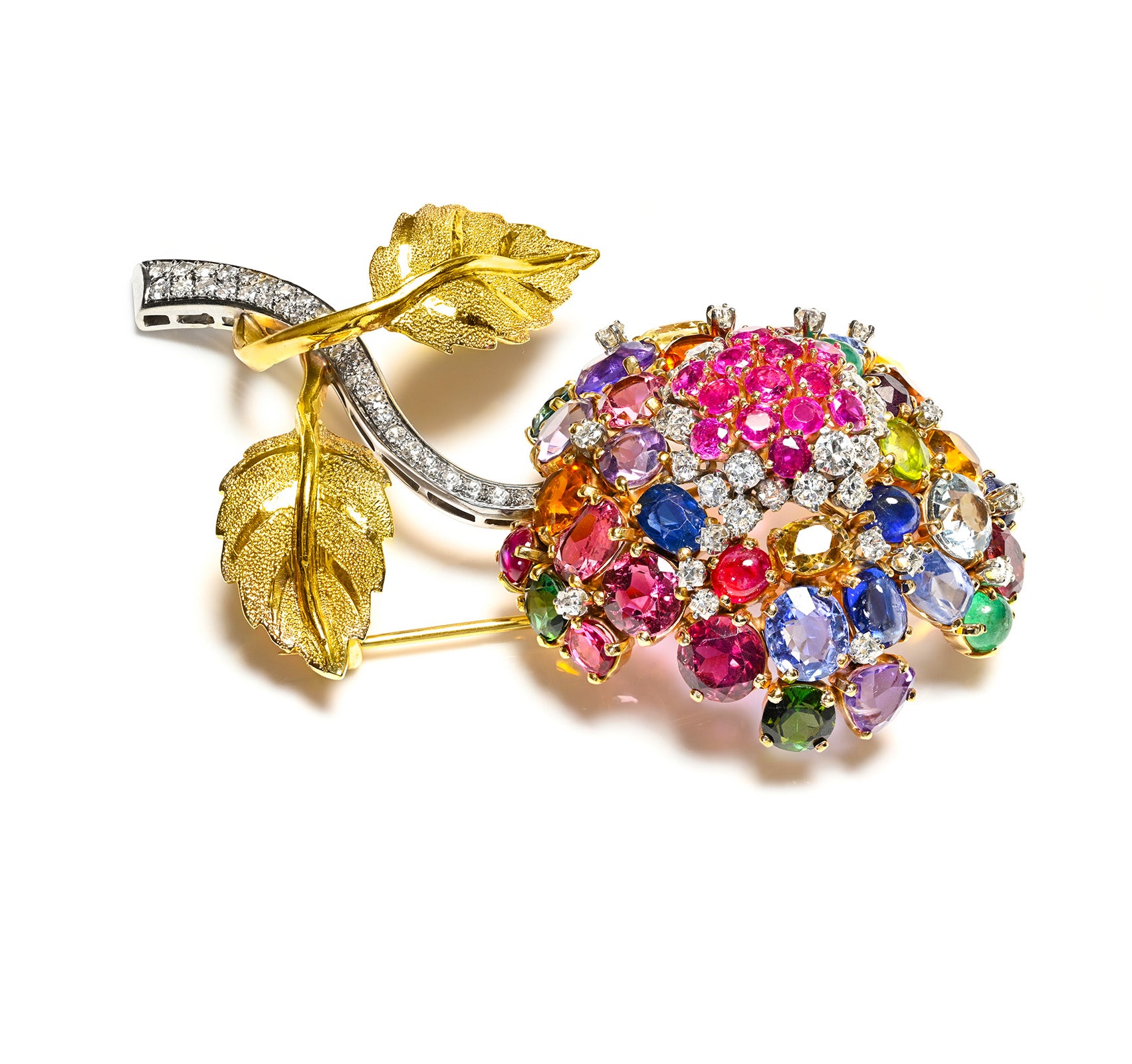 Diamond Multi Gemstone Gold Flower Brooch