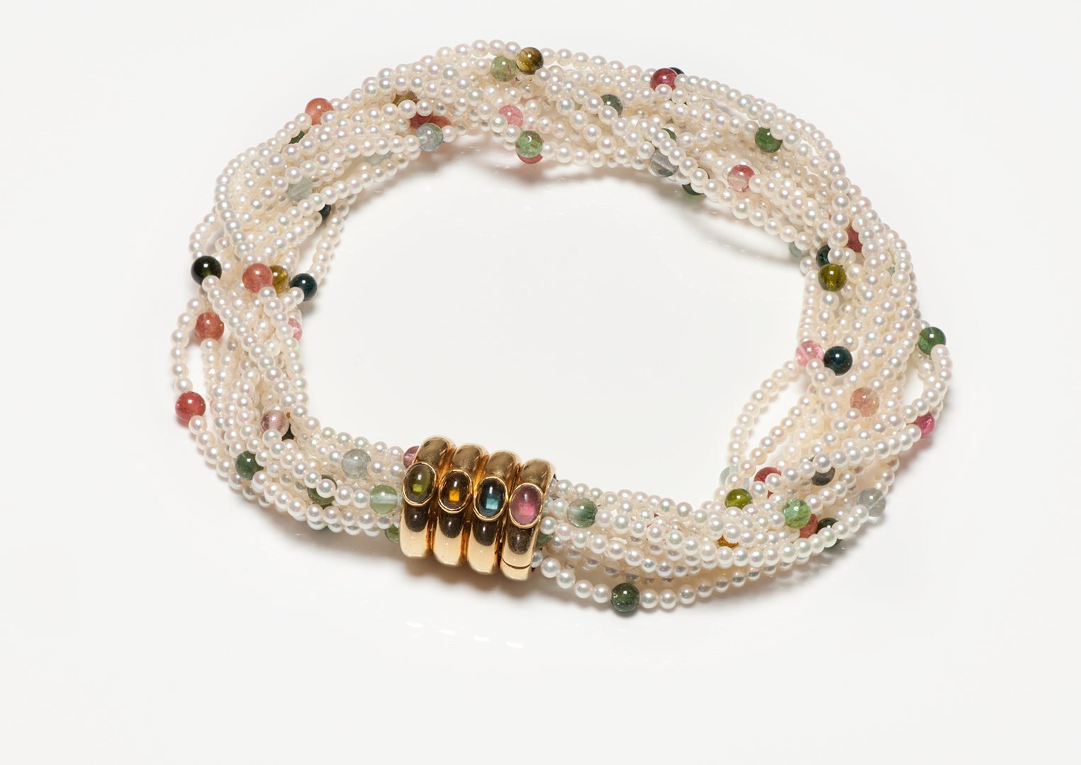 Gemstone 18K Gold Clasp Multi Strand Pearl Collar Necklace