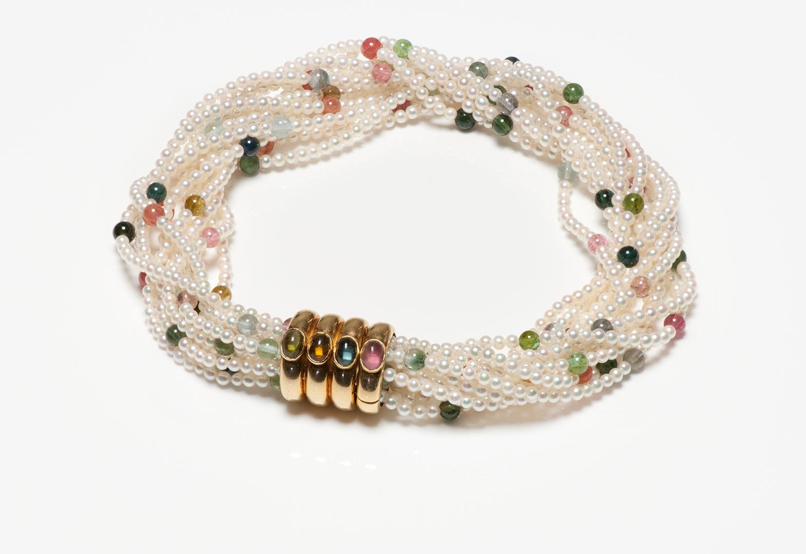 Gemstone 18K Gold Clasp Multi Strand Pearl Collar Necklace
