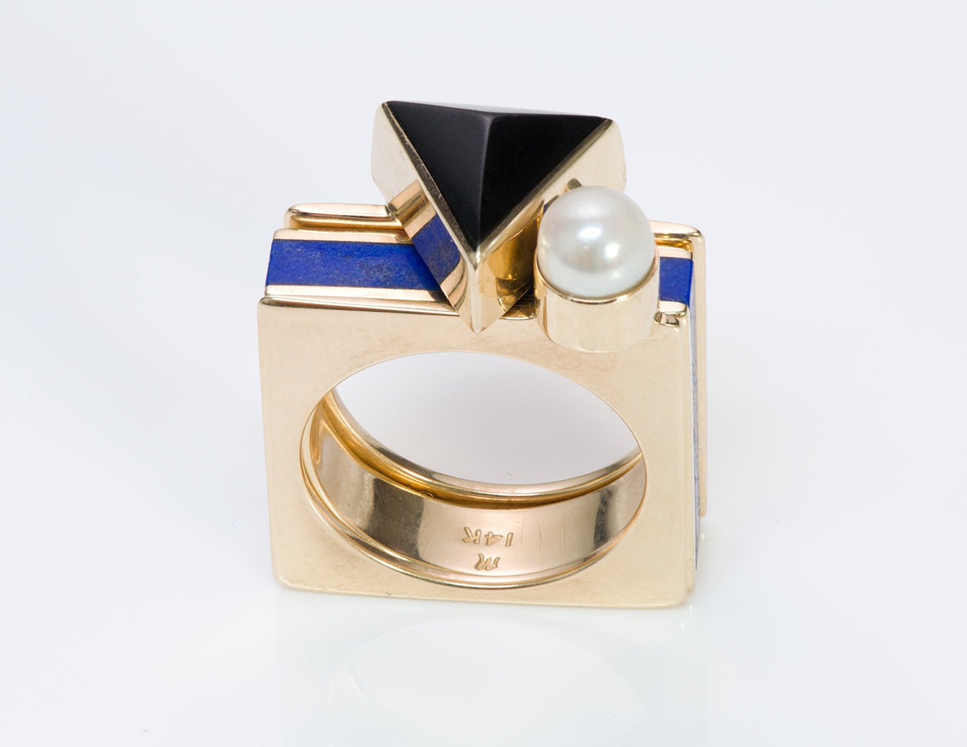 Geometric Modernist Gold Pearl Onyx Lapis 3 Ring Combo