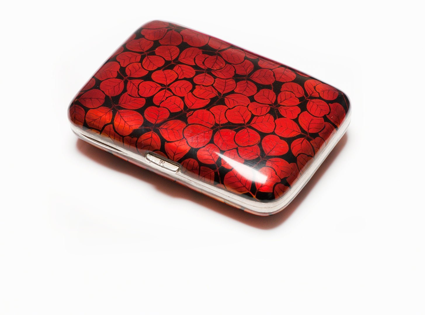 Georg Adam Scheid Silver Red Black Enamel Leaf Pattern Cigarette Case