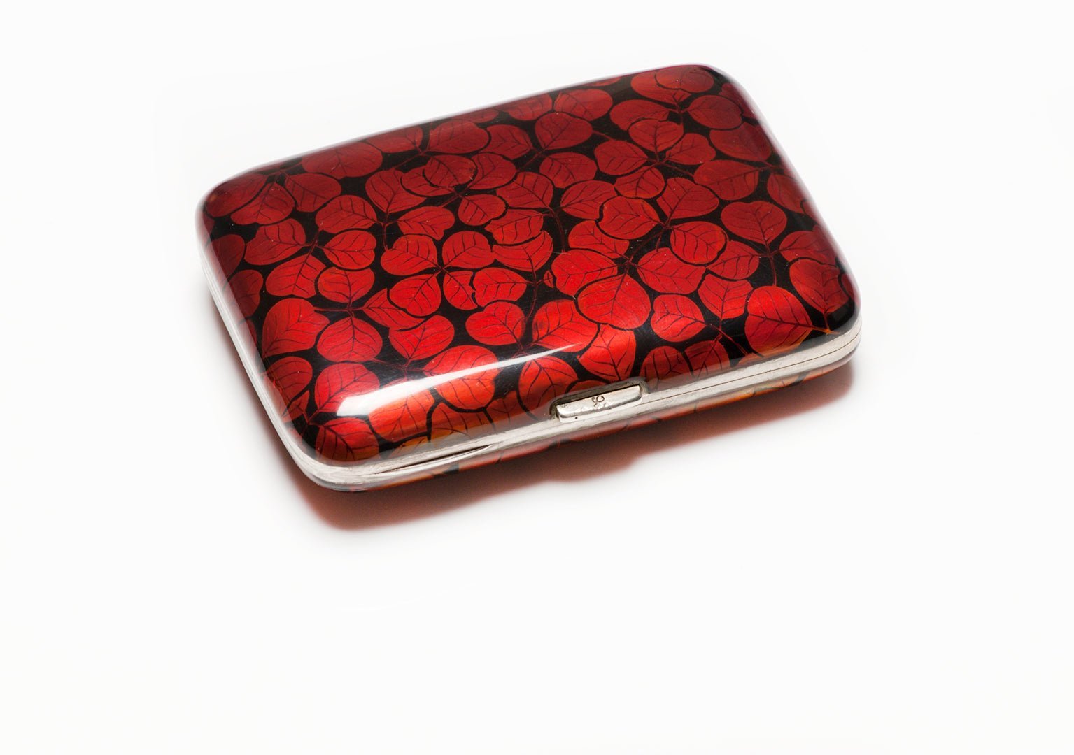 Georg Adam Scheid Silver Red Black Enamel Leaf Pattern Cigarette Case