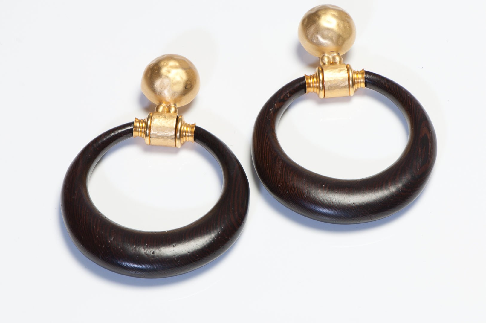 Gianfranco Ferre Spring 1993 Hammered Metal Brown Wood Door Knocker Earrings