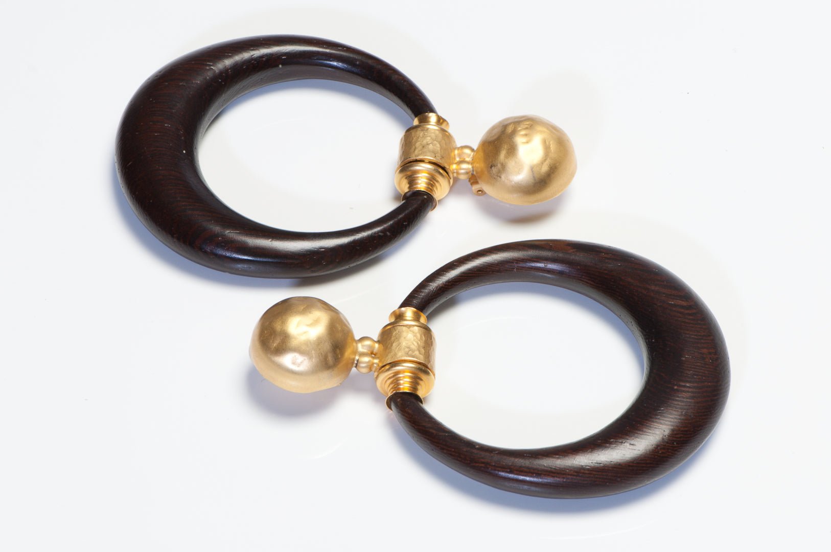 Gianfranco Ferre Spring 1993 Hammered Metal Brown Wood Door Knocker Earrings
