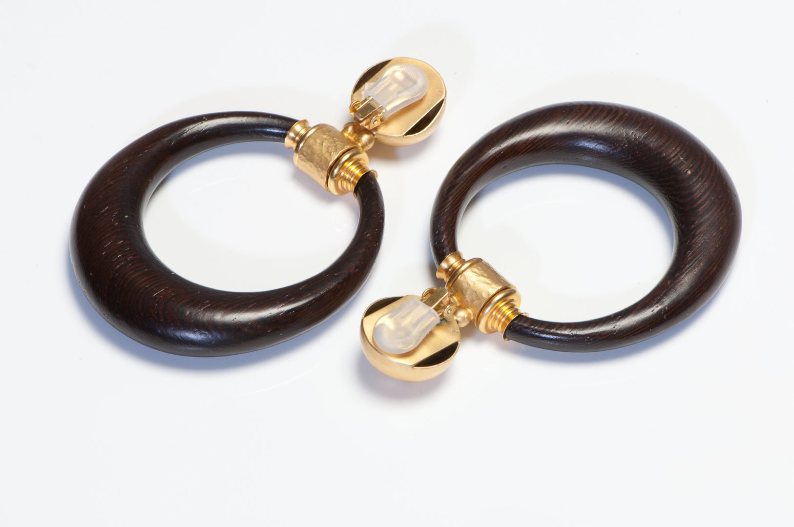 Gianfranco Ferre Spring 1993 Hammered Metal Brown Wood Door Knocker Earrings