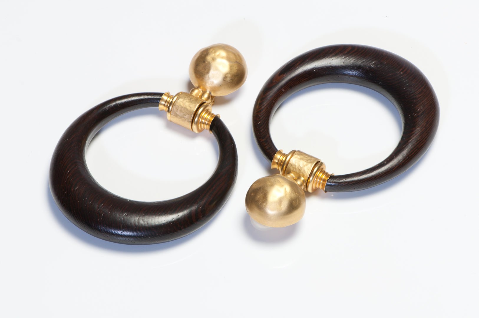 Gianfranco Ferre Spring 1993 Hammered Metal Brown Wood Door Knocker Earrings