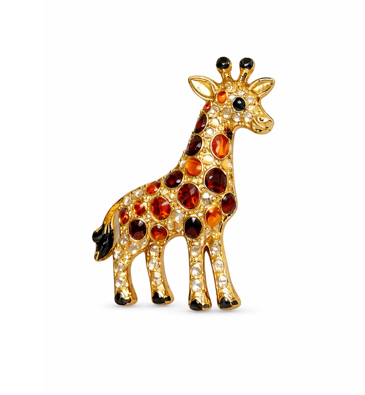 Giraffe-shaped brooch with gemstone details on a white background