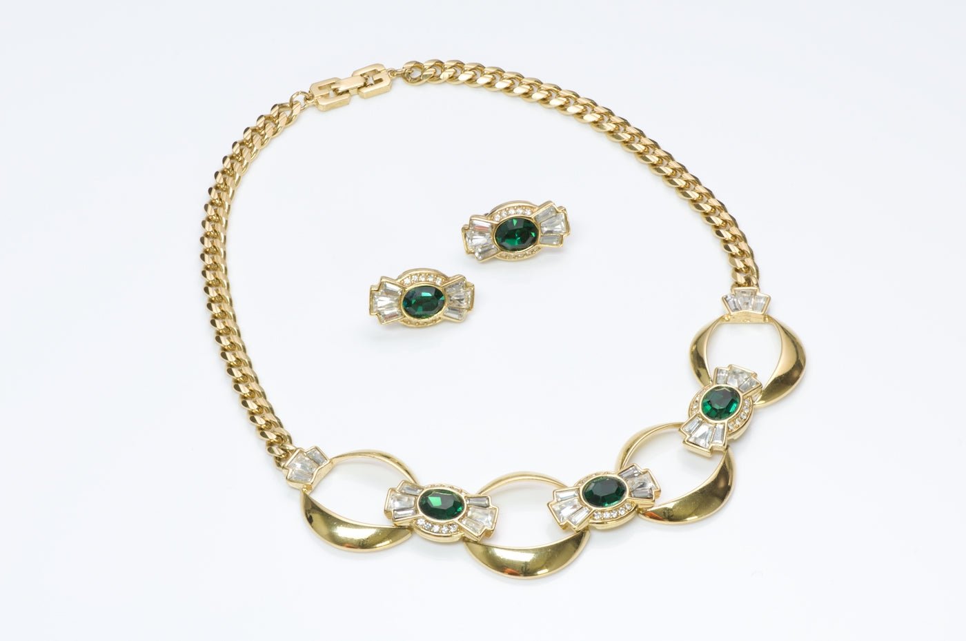 Givenchy Paris Gold Plated Green Crystal Earrings Necklace Set