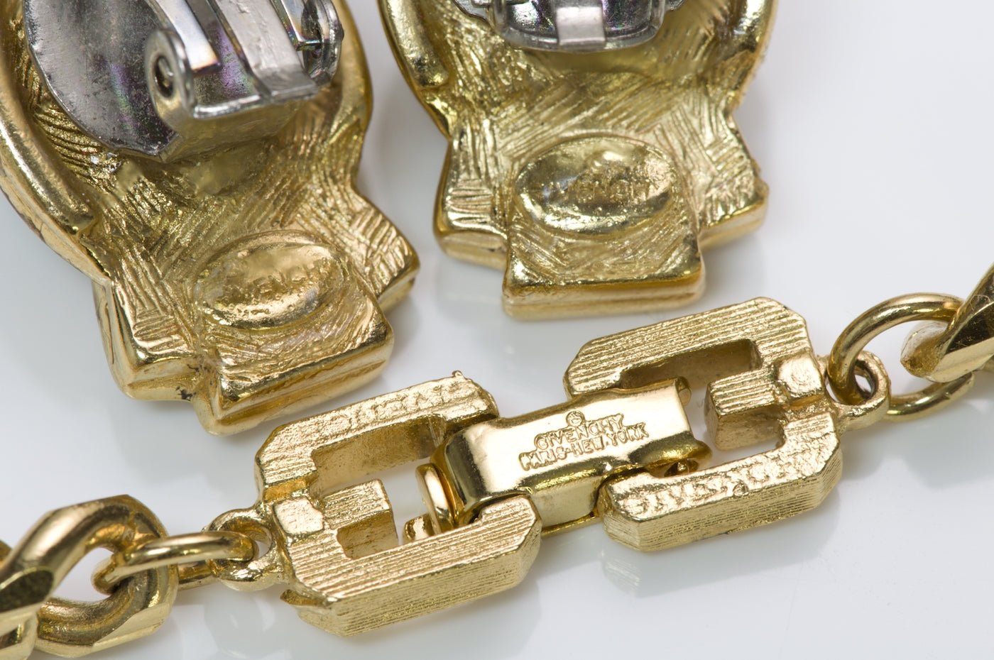 Givenchy Paris Gold Plated Green Crystal Earrings Necklace Set