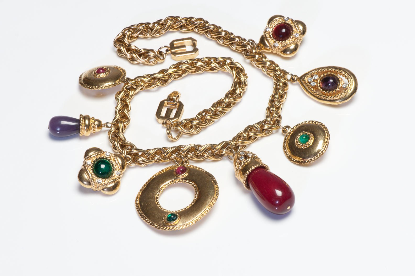 Givenchy Paris Gold Plated Red Green Cabochon Resin Crystal Charm Chain Necklace