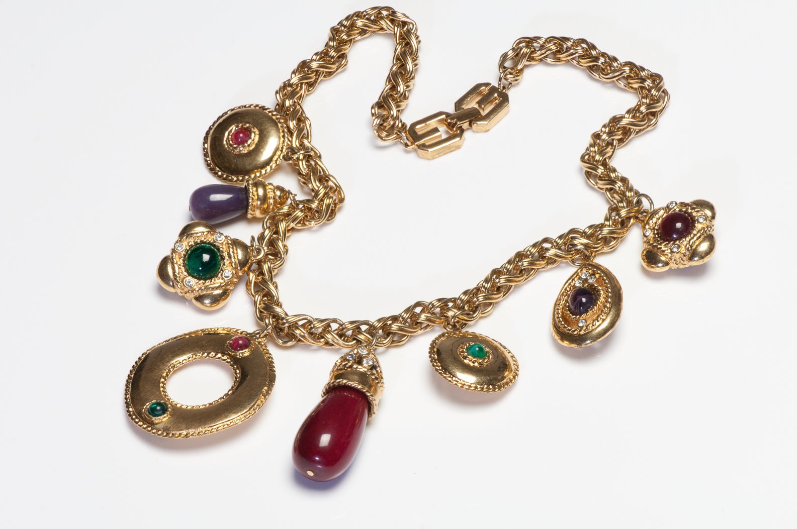 Givenchy Paris Gold Plated Red Green Cabochon Resin Crystal Charm Chain Necklace