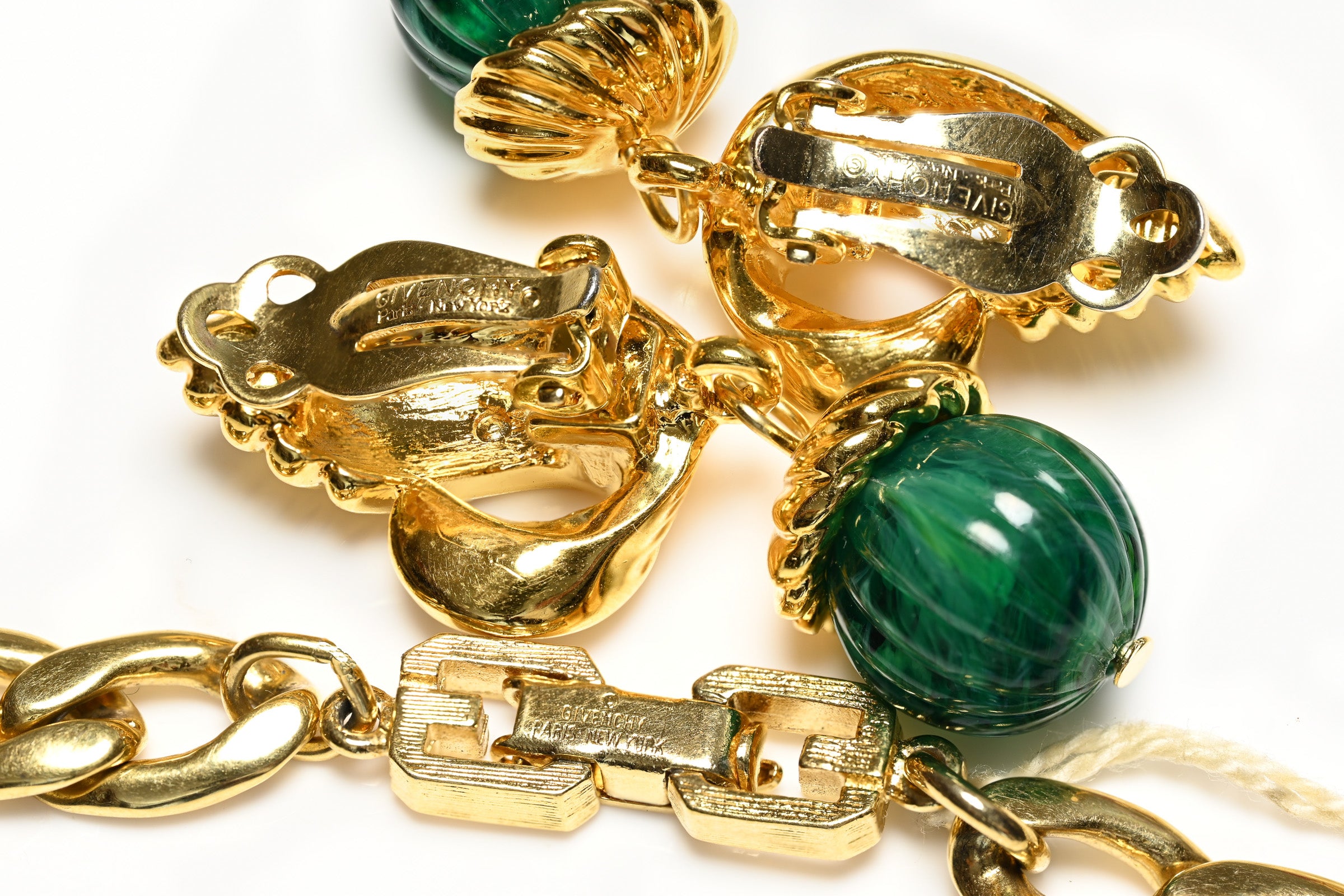 Vintage Givenchy Mughal Style Green Blue Beads Chain Necklace Earrings Set