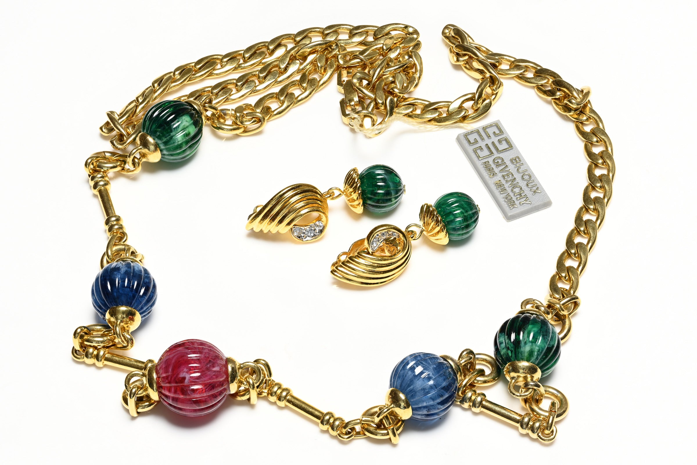 Vintage Givenchy Mughal Style Green Blue Red Beads Necklace Earrings Set