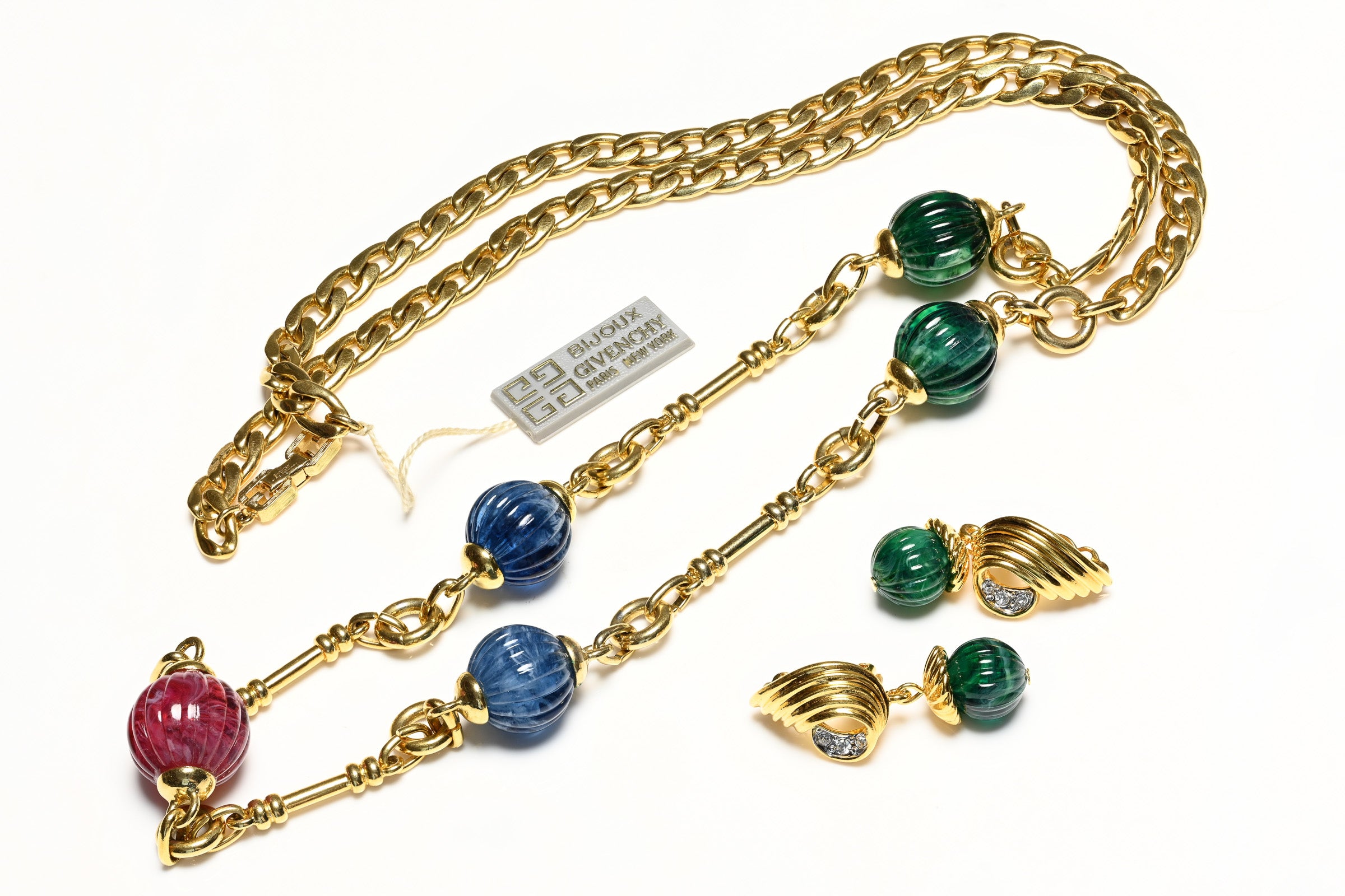 Vintage Givenchy Mughal Style Green Blue Red Beads Chain Necklace Earrings Set