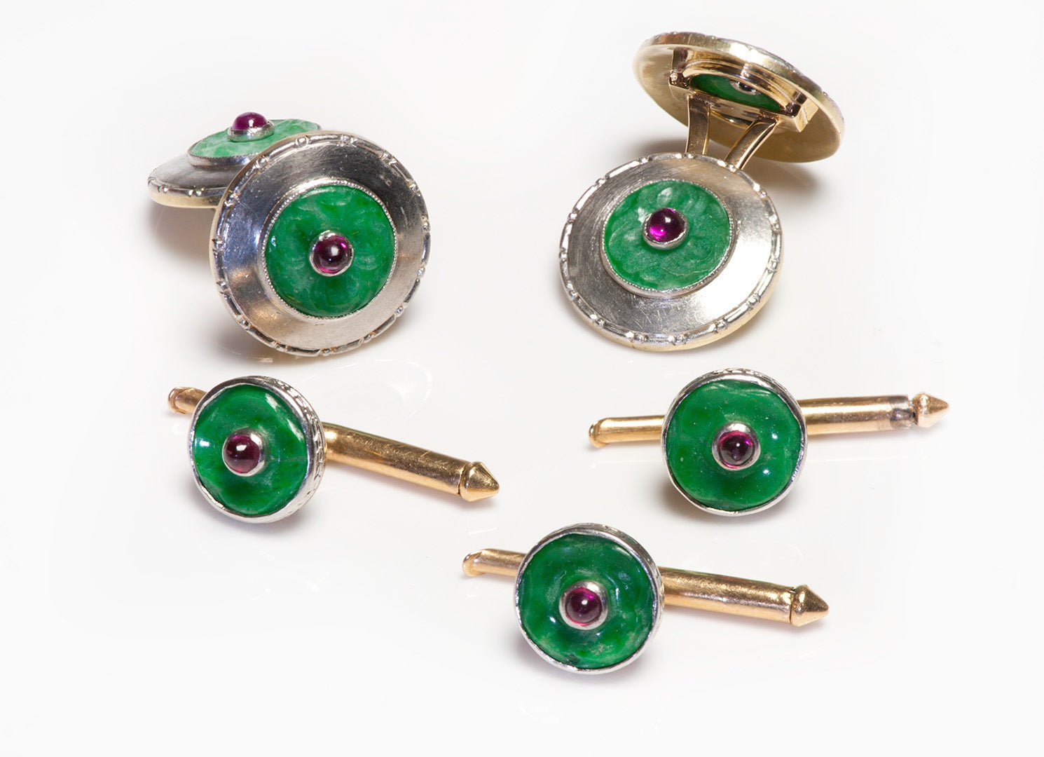 Gold Carved Jade Ruby Cufflink Stud Set