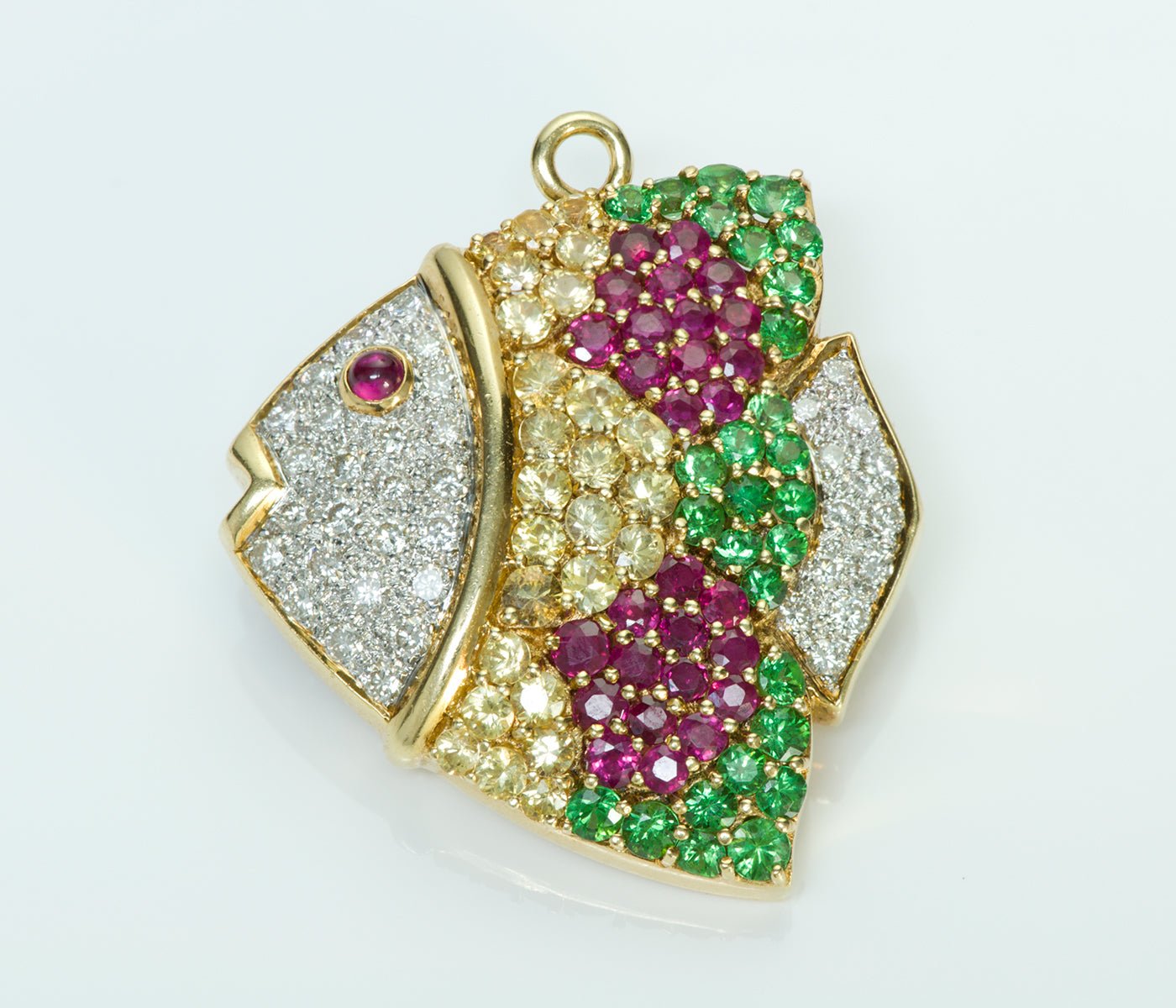 Gold Fish Diamond Sapphire Tsavorite Ruby Pendant/Brooch