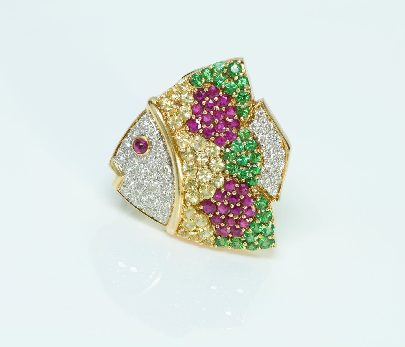 Gold Fish Diamond Sapphire Tsavorite Ruby Pendant/Brooch