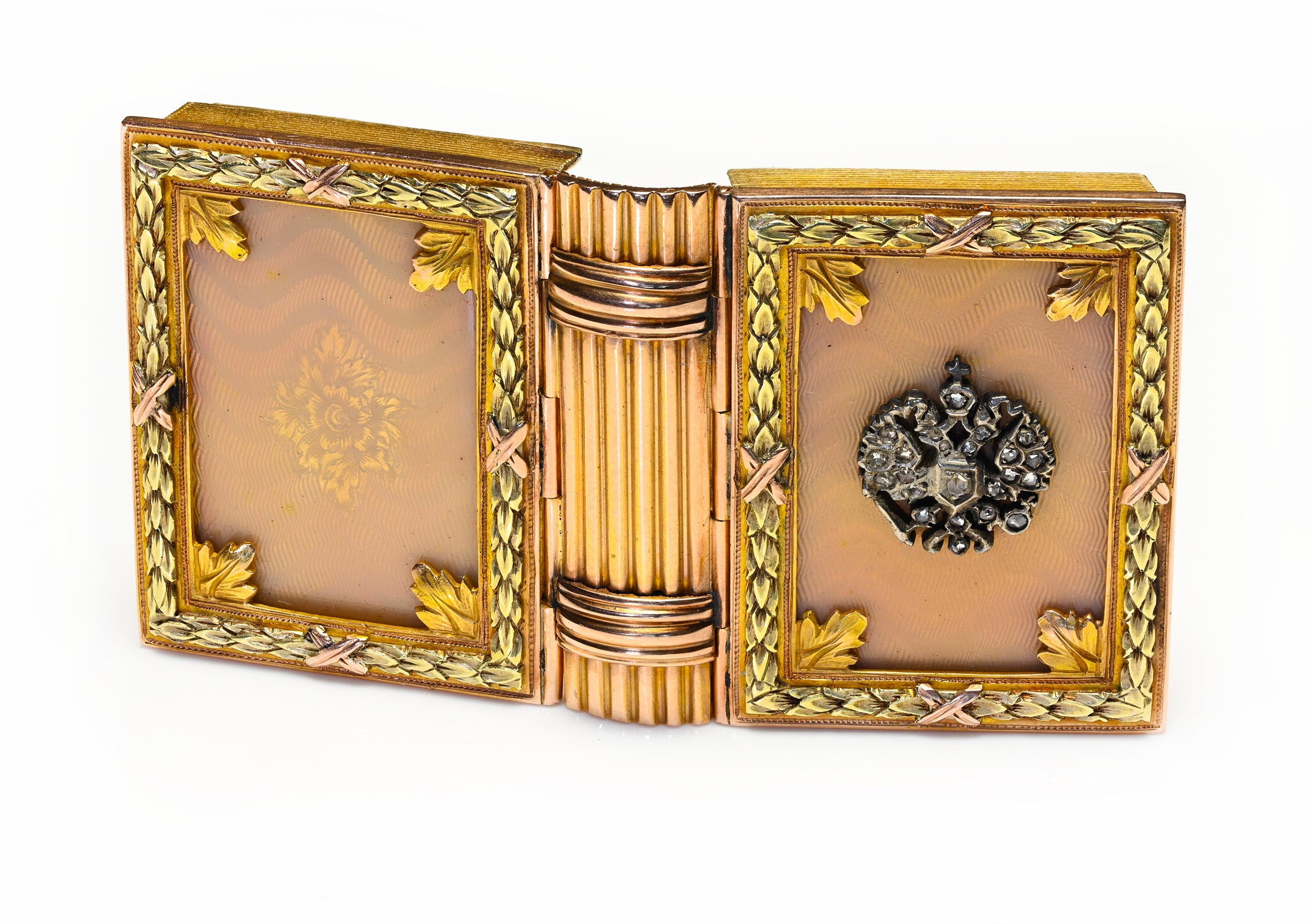 Antique Miniature Book Box in 18K Gold Diamond Crown Guilloché Enamel
