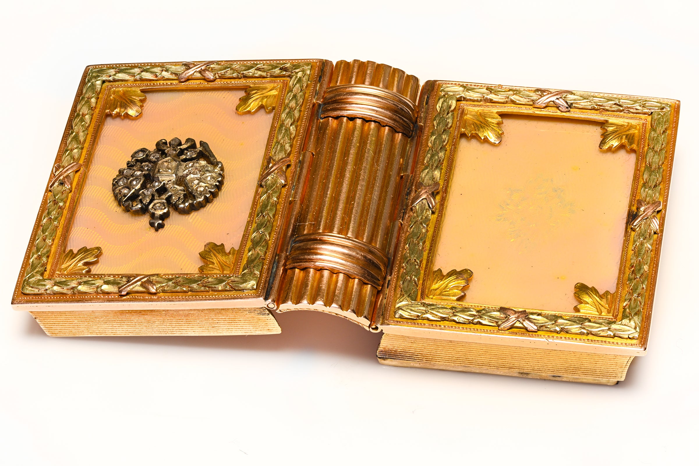 Antique Miniature Book Box in 18K Gold Diamond Crown Guilloché Enamel