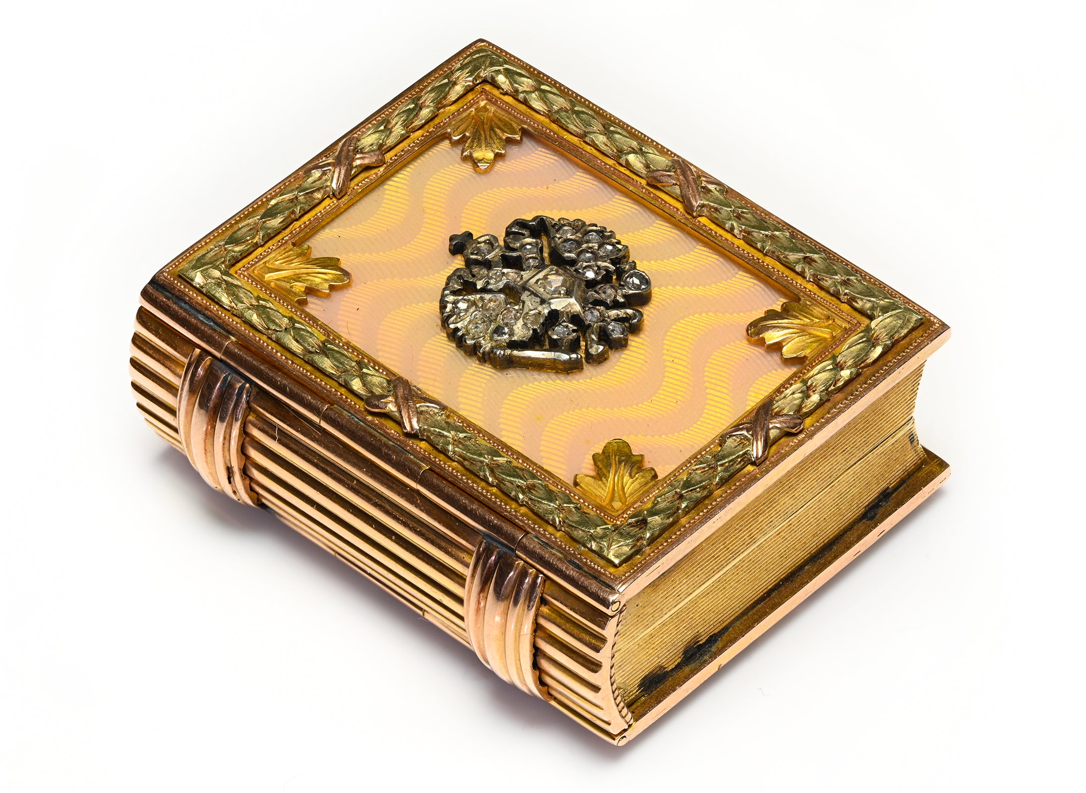 Antique Miniature Book Box in 18K Gold Diamond Crown Guilloché Enamel