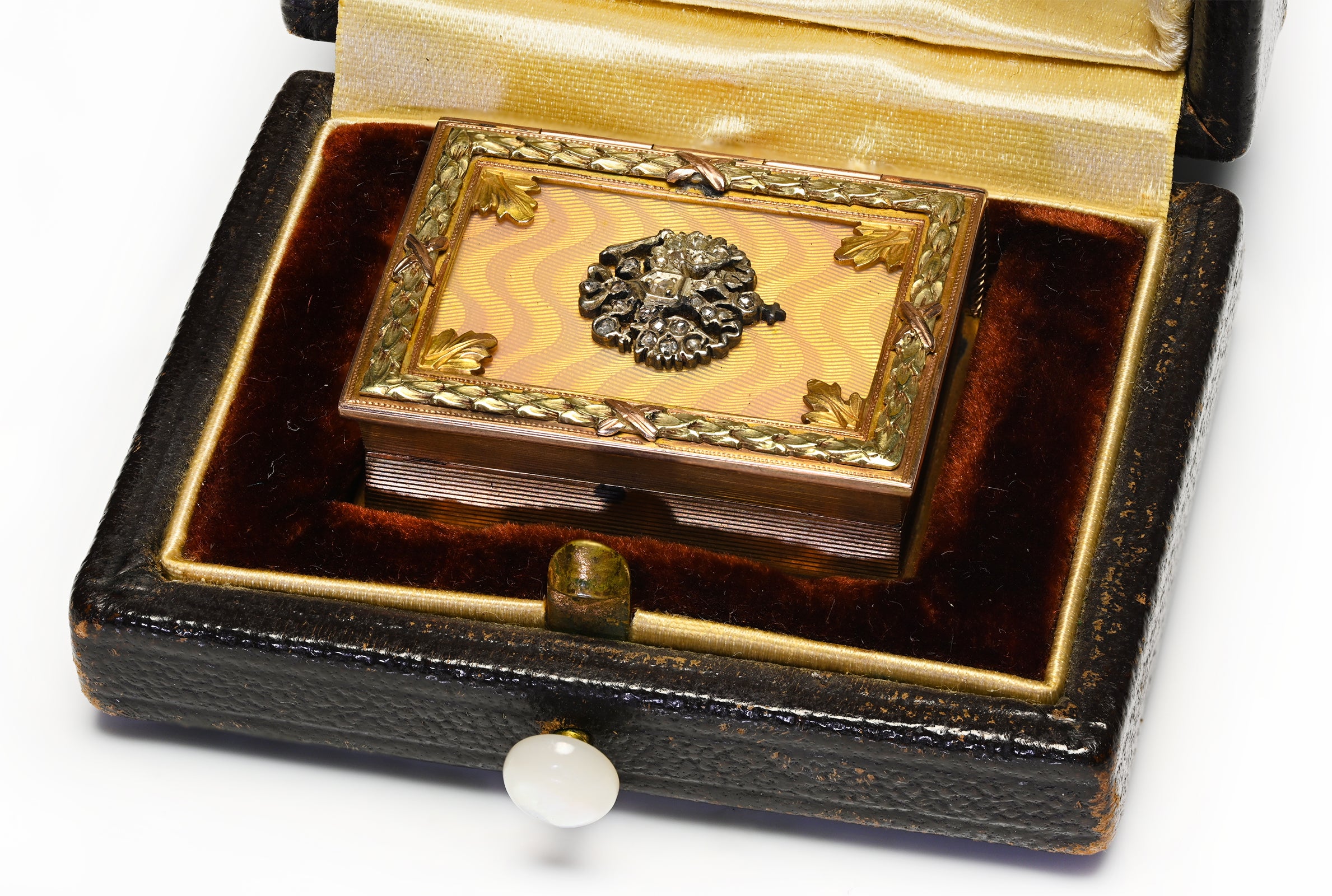 Antique Miniature Book Box in 18K Gold Diamond Crown Guilloché Enamel