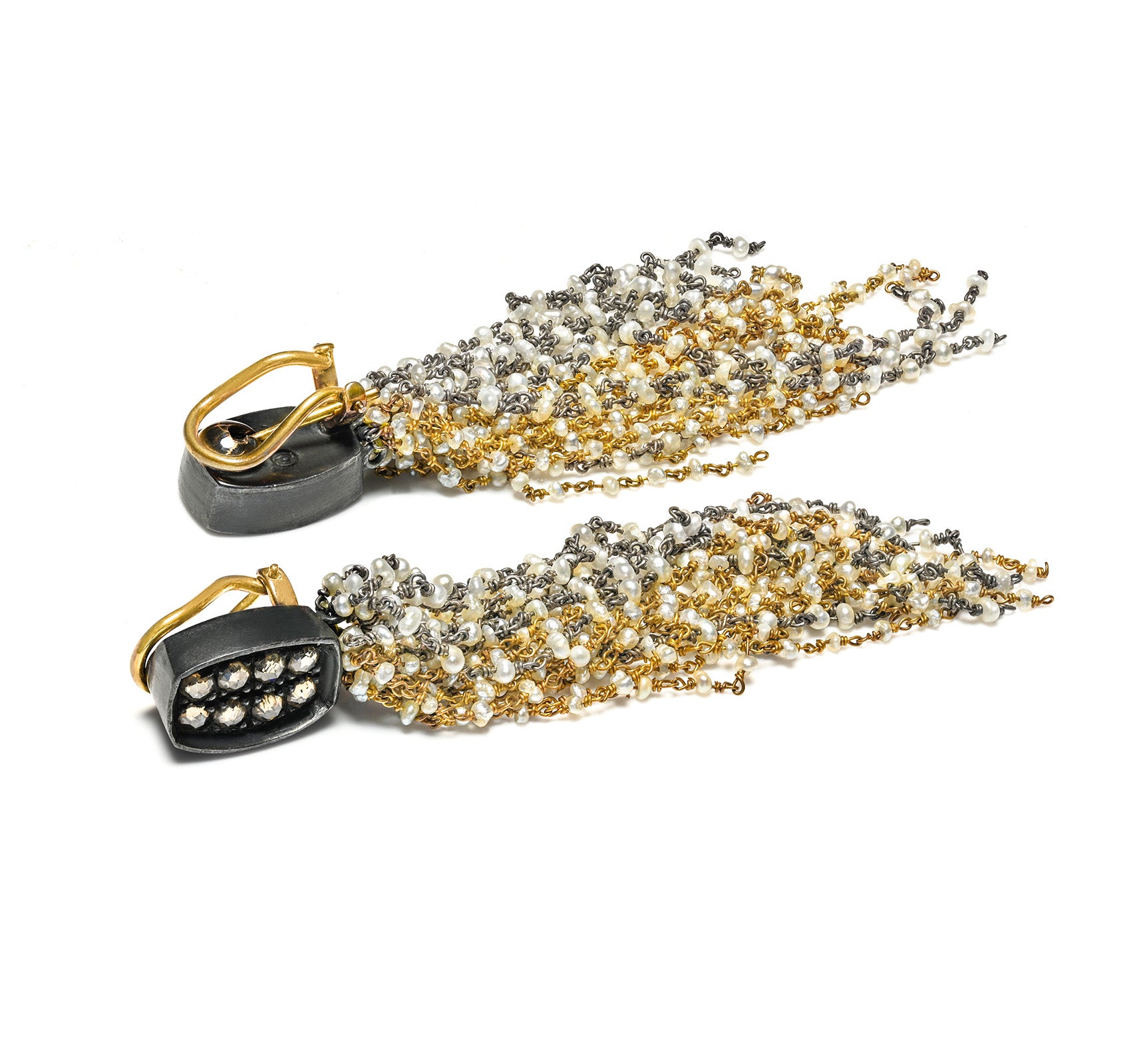 Gold and Silver Diamond Tassel Earrings with Seed Pearls