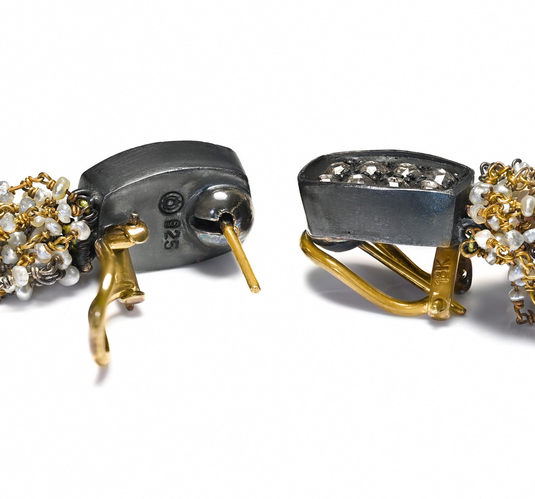 Gold and Silver Diamond Tassel Earrings with Seed Pearls