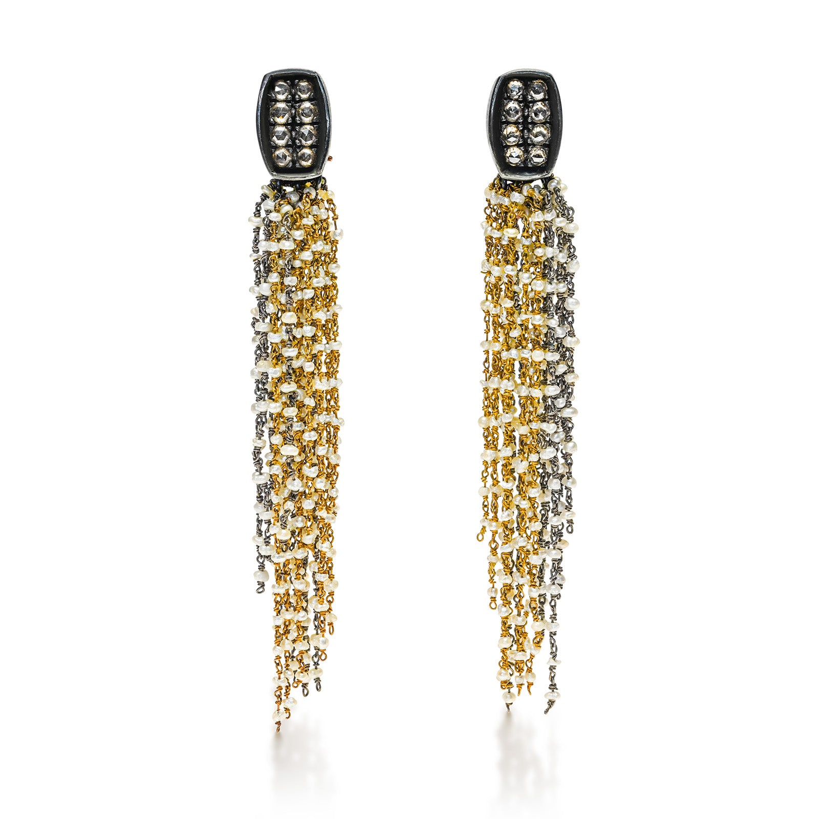 Gold Silver Diamond Tassel Earrings Seed Pearls
