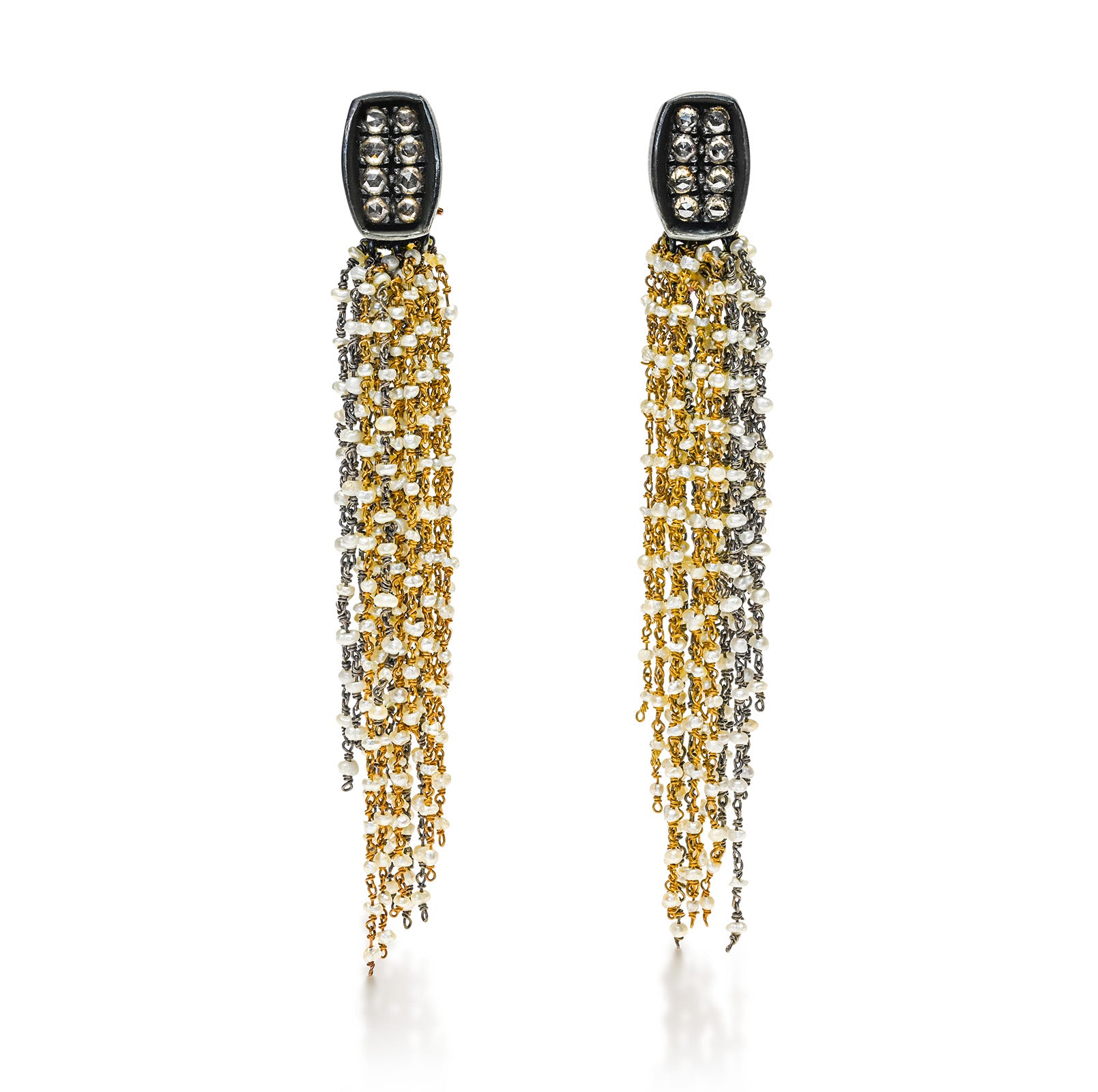 Gold and Silver Diamond Tassel Earrings with Seed Pearls
