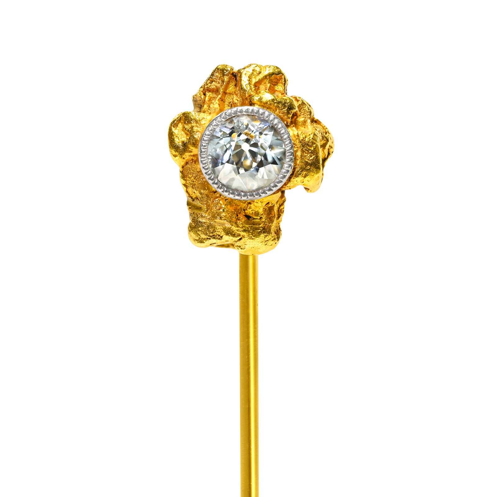 Victorian 24K Gold Nugget Diamond Stick Pin