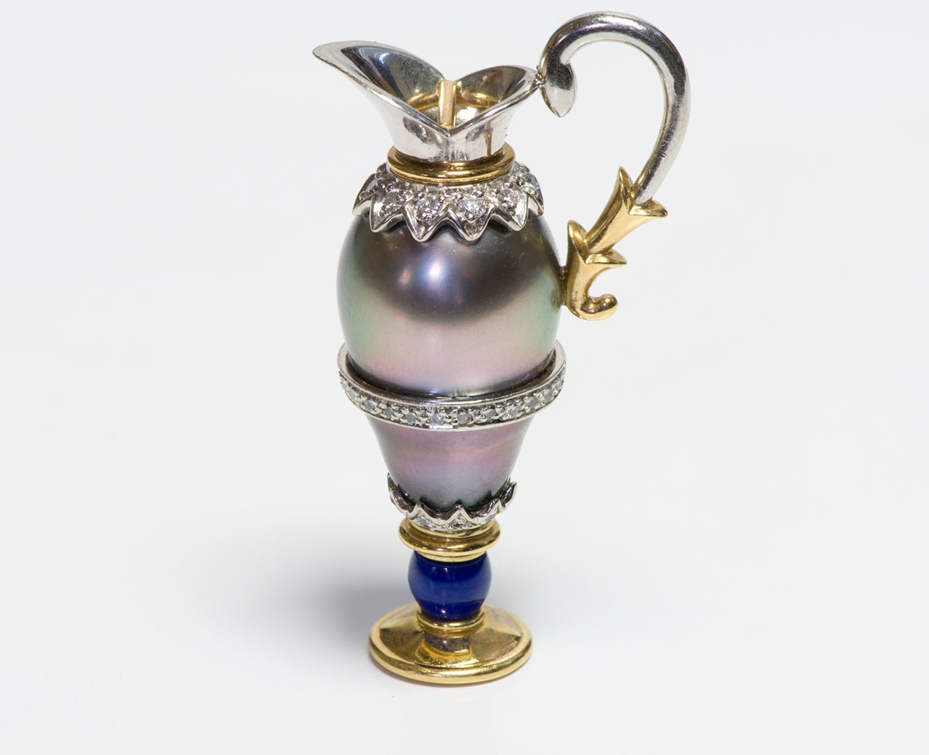 Grey Pearl Diamond Gold Platinum & Enamel Miniature Ewer