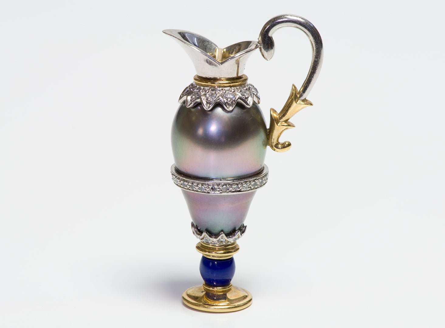 Grey Pearl Diamond Gold Platinum & Enamel Miniature Ewer