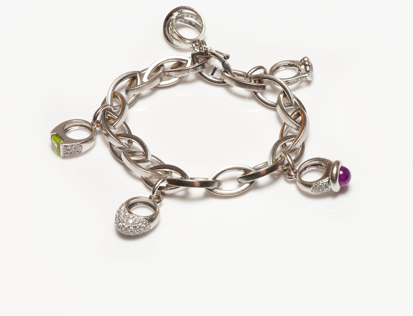 Gubelin 18K Gold Chain Link Bracelet & Rings Gemstone Charms