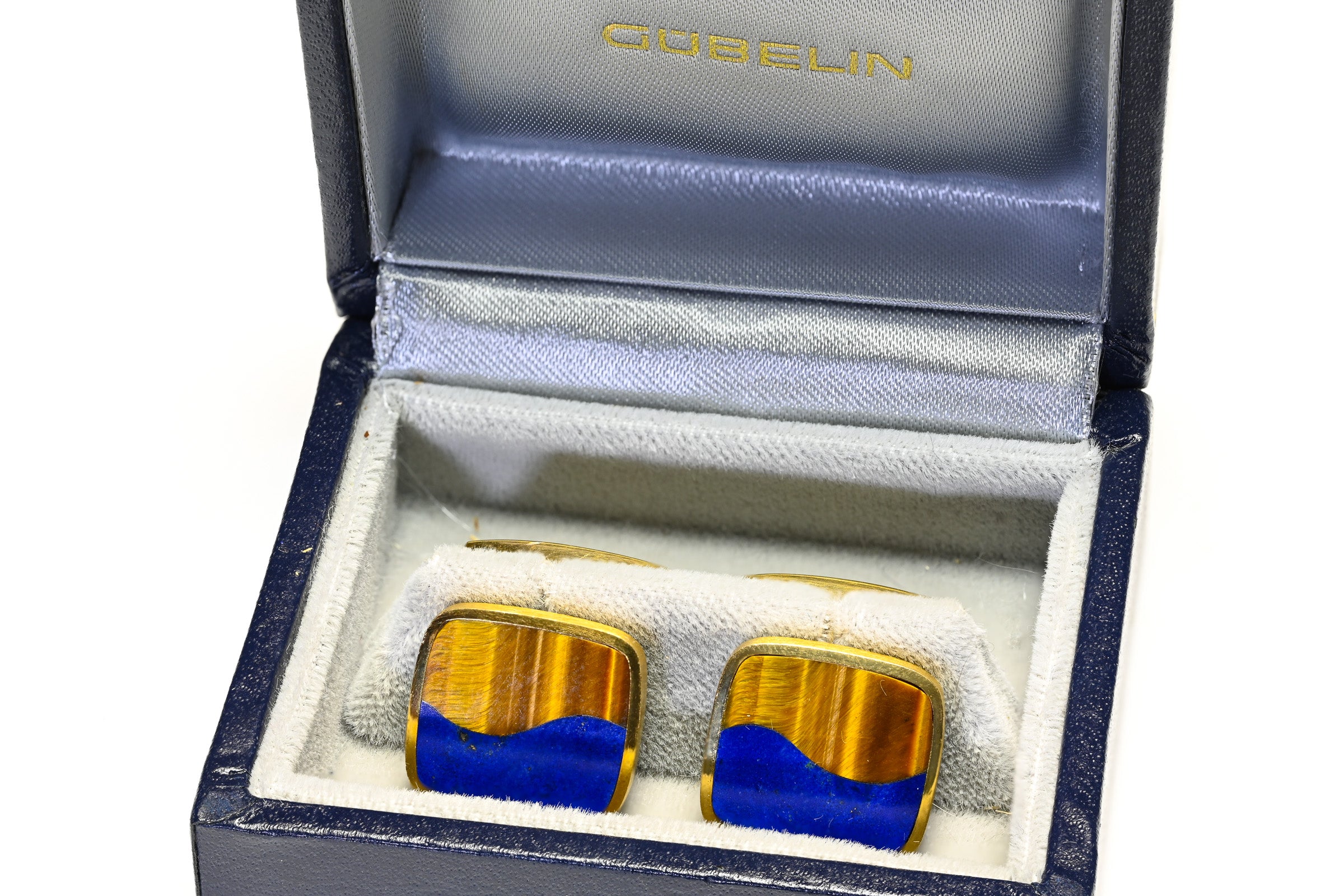 Gubelin 18K Yellow Gold Lapis Tigers Eye Cufflinks
