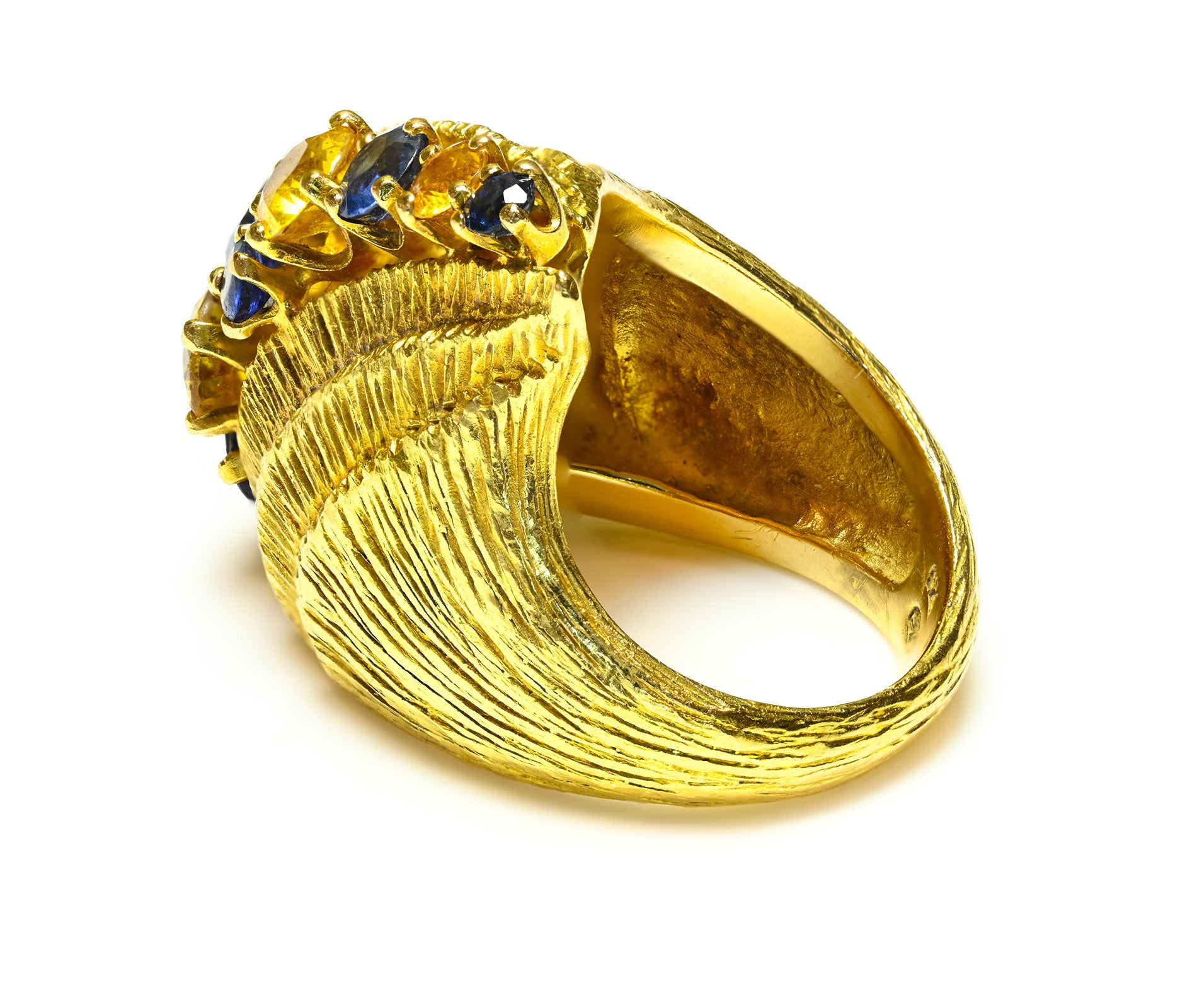 Gübelin Modernist Textured 18K Gold Ring Blue and Yellow Sapphires