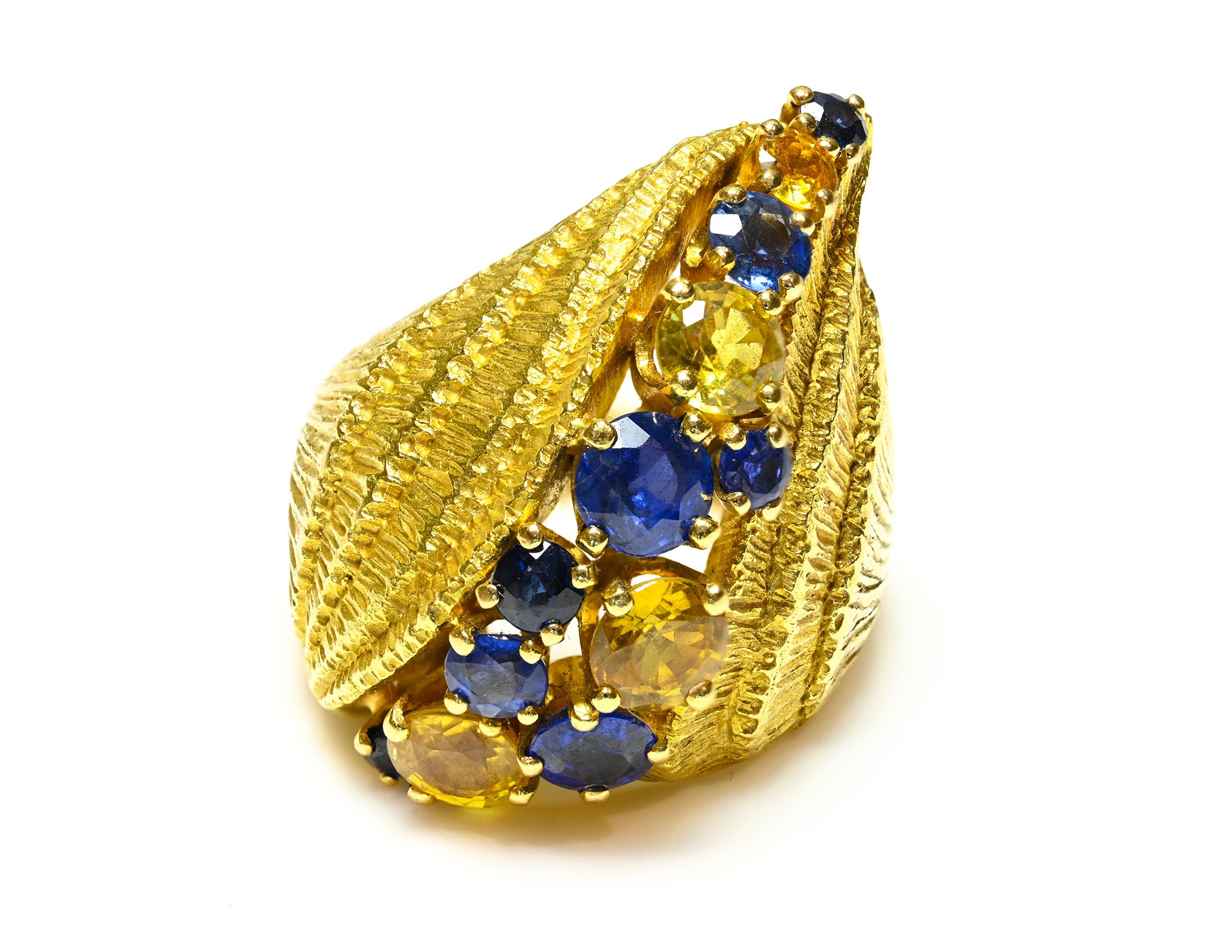 Gübelin Modernist Textured 18K Gold Ring with Blue and Yellow Sapphires