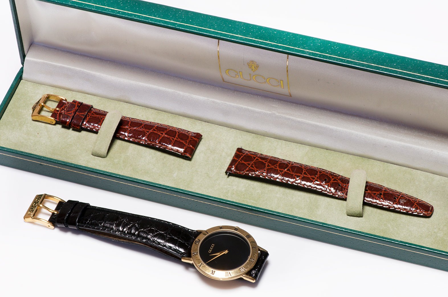 Gucci 3000.2.M Gold Plated Watch Black & Brown Leather Straps