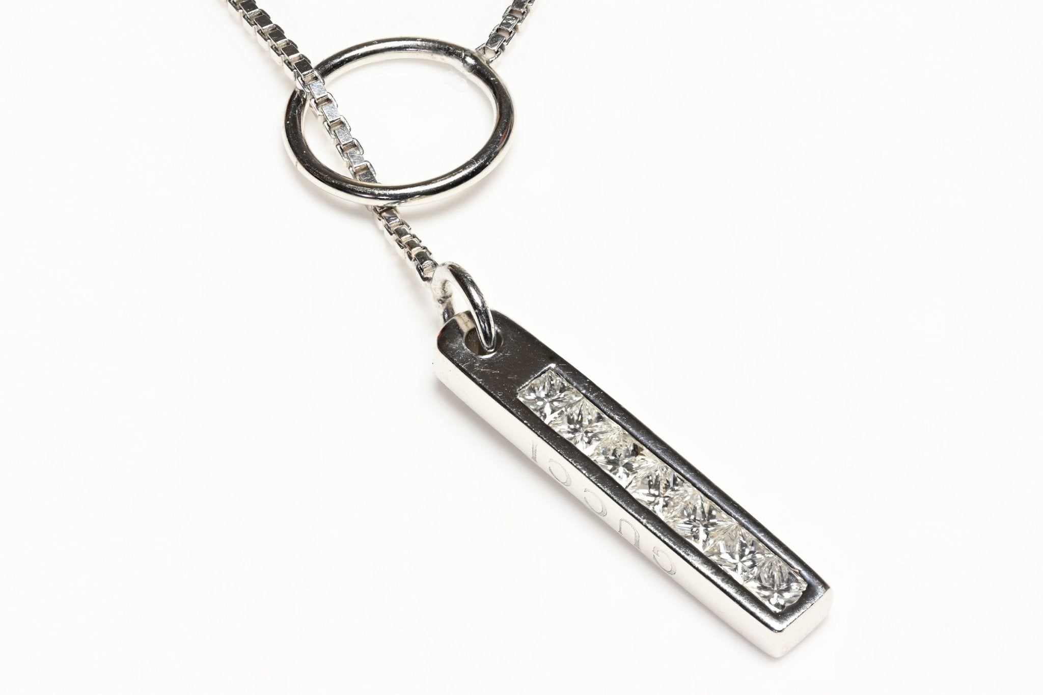 Gucci Diamond 18K Gold Bar Lariat Pendant Necklace