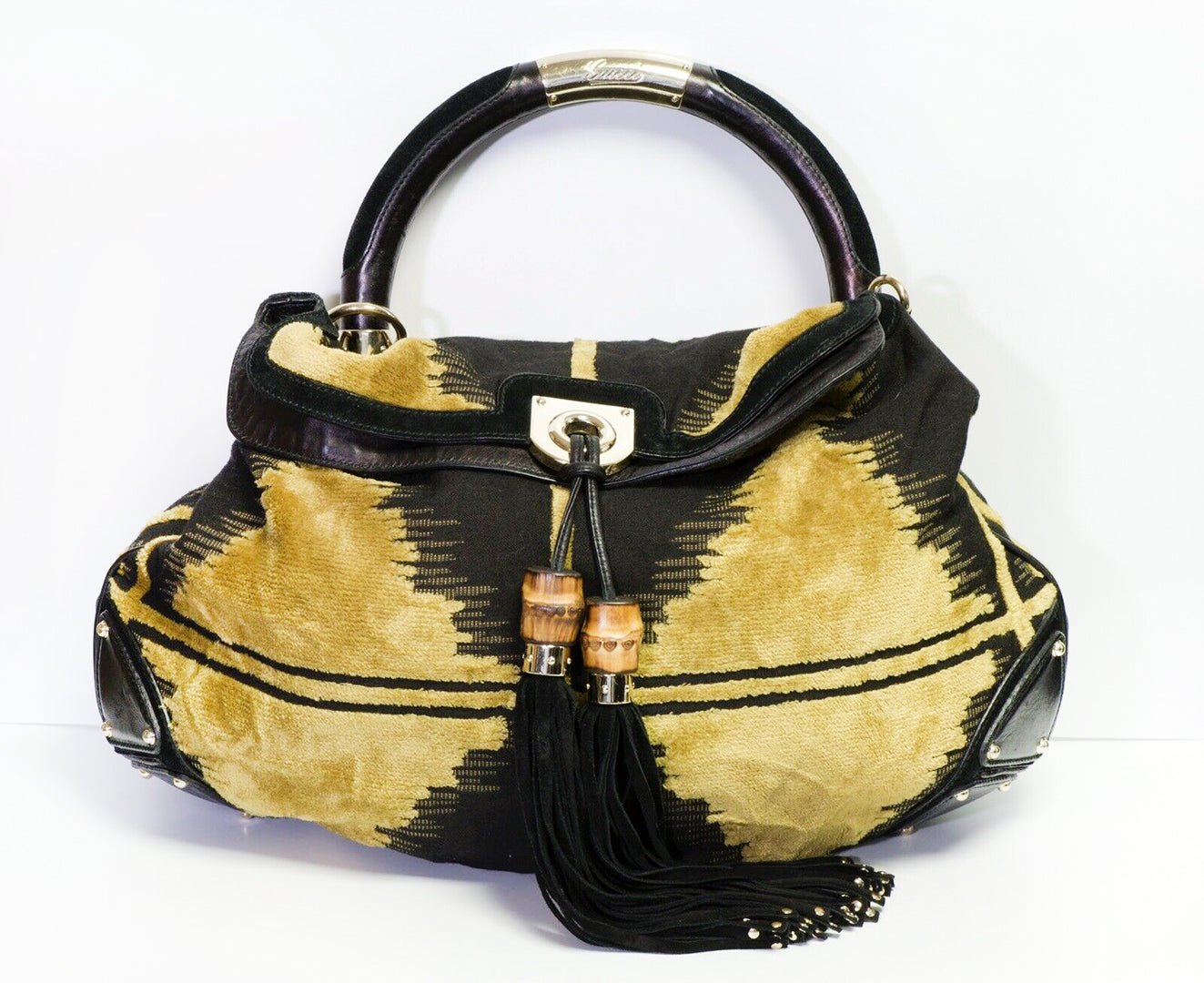 GUCCI GG Indy Yellow Velvet Black Leather Tassel Bamboo Women’s Bag