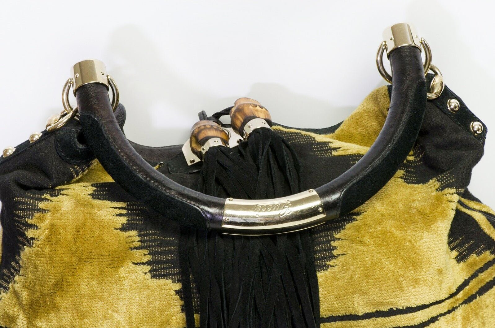 GUCCI GG Indy Yellow Velvet Black Leather Tassel Bamboo Women’s Bag