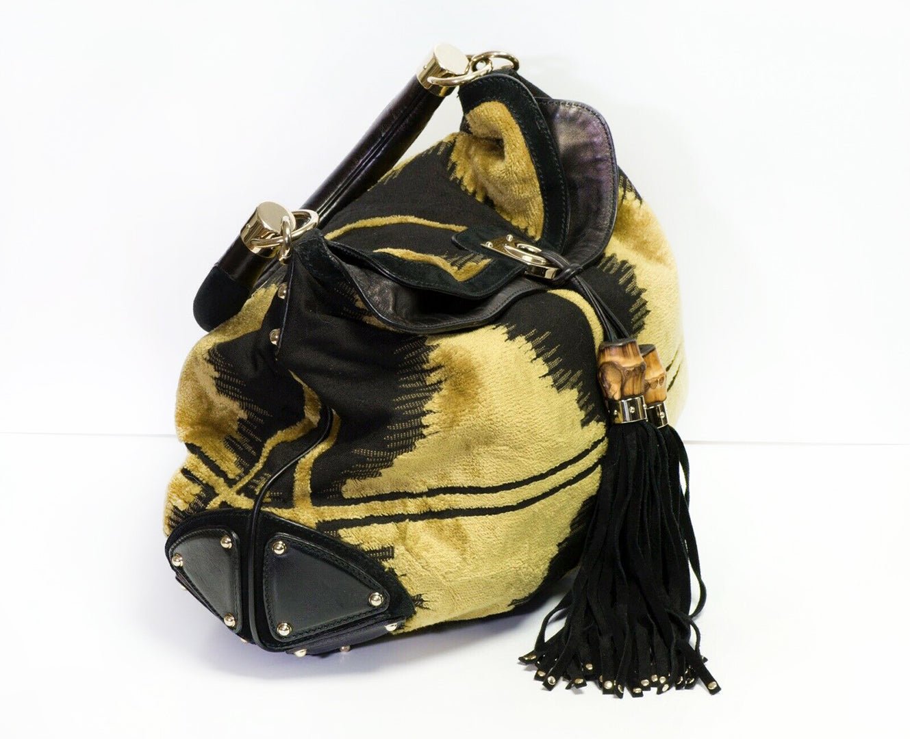 GUCCI GG Indy Yellow Velvet Black Leather Tassel Bamboo Women’s Bag
