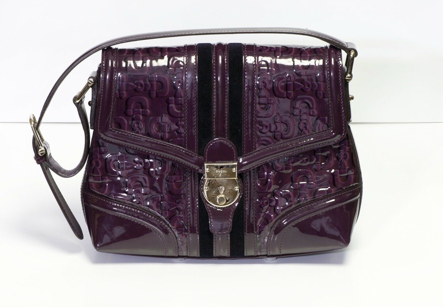 GUCCI GG “Treasure” Purple Patent Leather Horsebit Pattern Women’s Shoulder Bag