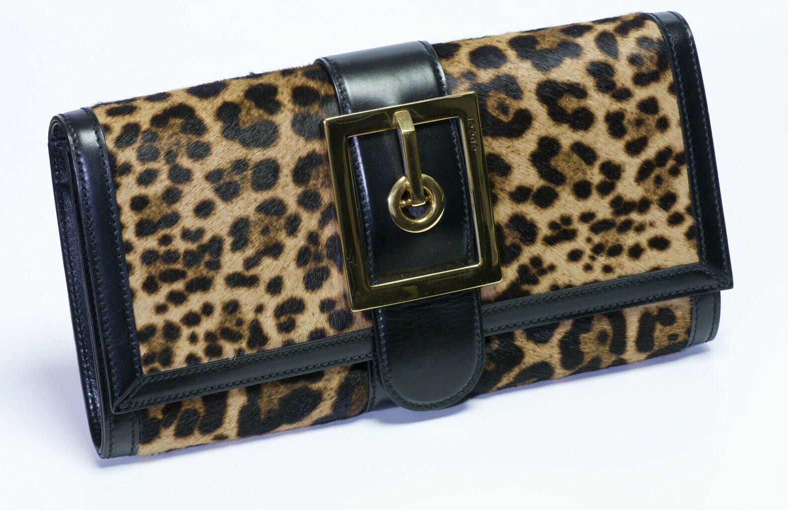 GUCCI “Lady” Brown Black Leopard Calf Hair Leather Buckle Clutch Bag