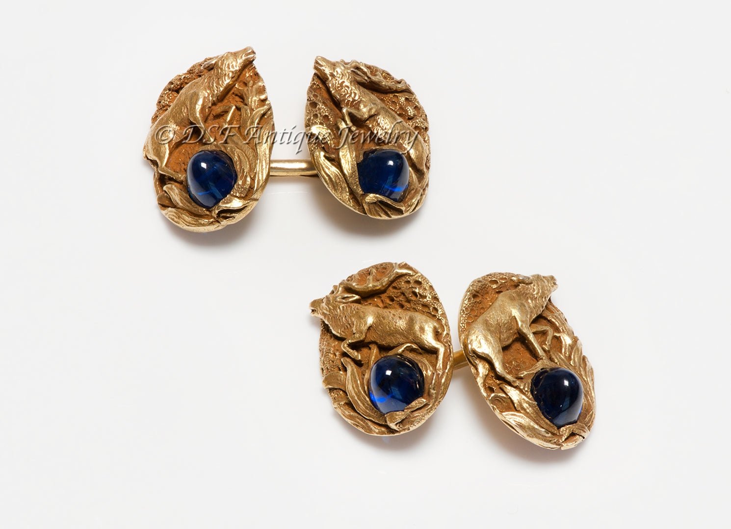 Gustav Manz Antique Art Nouveau Gold Sapphire Deer Cufflinks