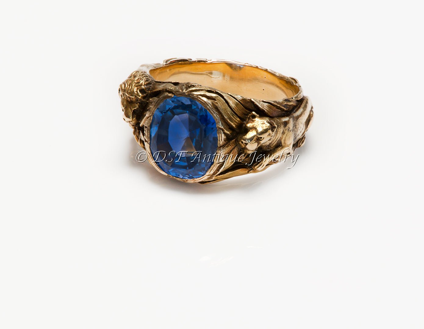 Gustav Manz Antique Art Nouveau Gold Sapphire Lion Panther Mens Ring