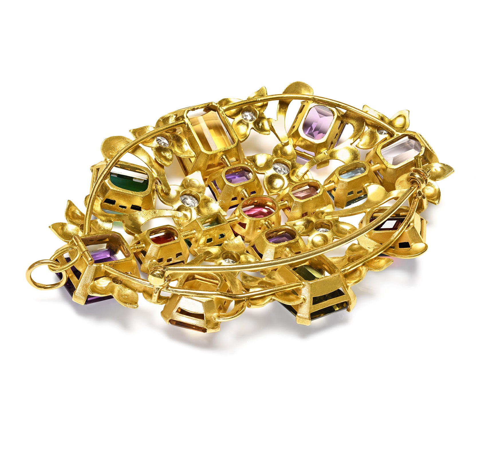 Exquisite 1950s Multi-Gemstone & Diamond Pendant Brooch in Gold